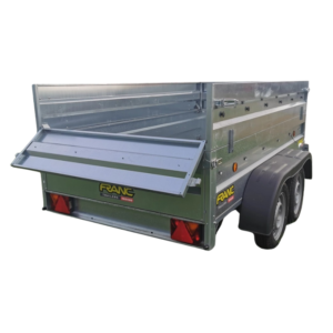 Remorque utilitaire double essieu bagagère PTAC 750 kg – avec réhausses pleines, bâche plate et roue jockey (Sans permis E)